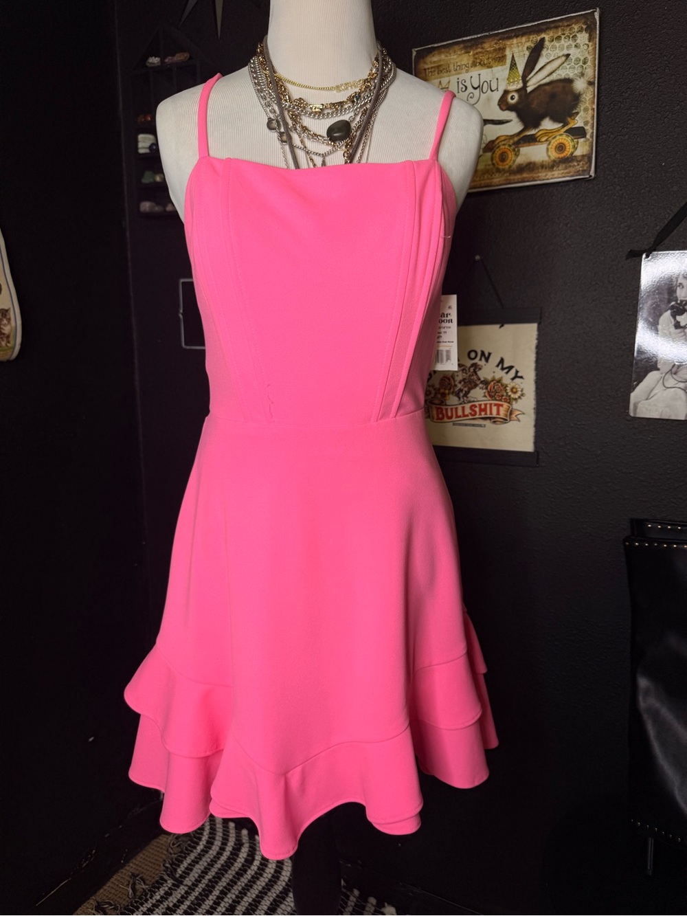 Hot Pink Spaghetti Strap Ruffled Mini Dress